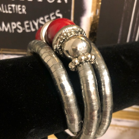 Statement Silver COIL With Red-Burgundy + Silver Spheres/Beads BRACELET *Unique - Picture 3 of 5